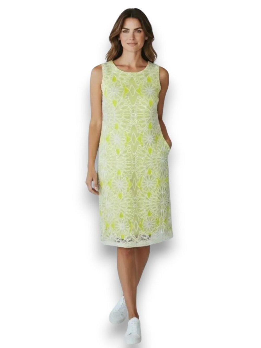 Badgley Mischka Lime White Lace Floral Embroidered Sheath Dress Size 8